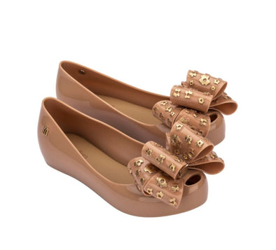 Mini Melissa Girls Beige & Gold Mini Ultragirl Sweet XI Bow Shoes | HONEYPIEKIDS | Kids Boutique 