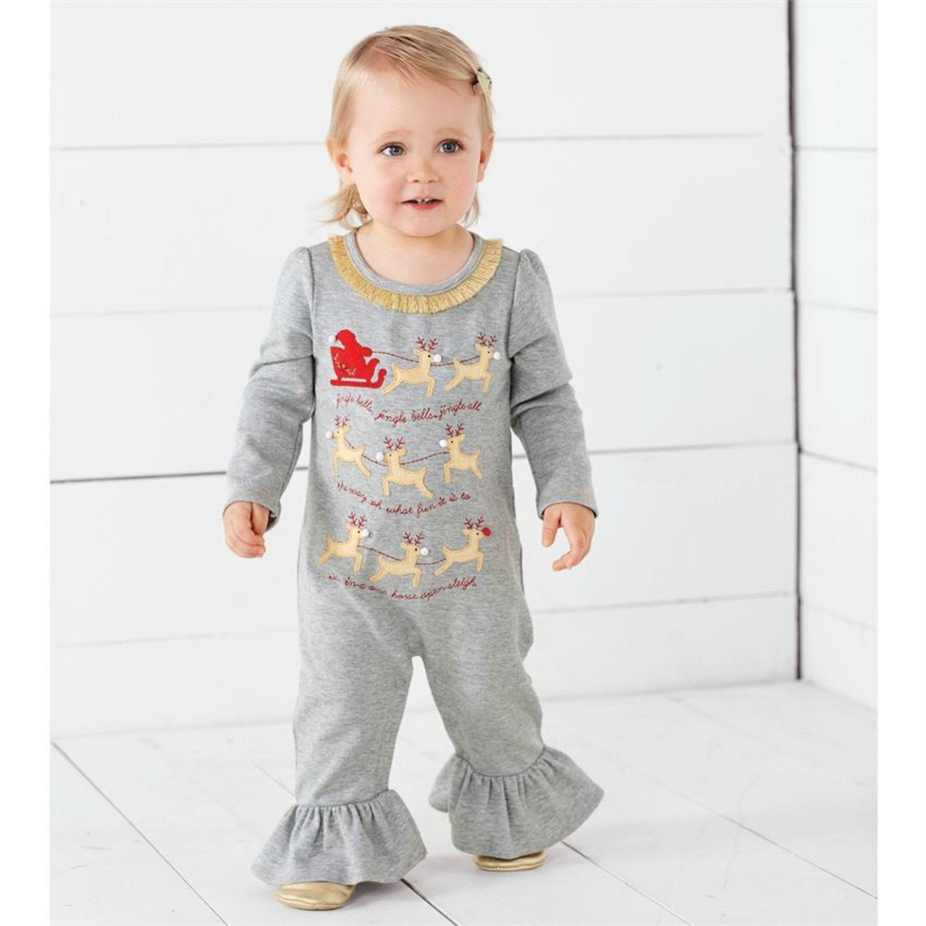 Mudpie Baby Gray Jingle Bells Reindeer Sleigh One Piece Outfit | HONEYPIEKIDS 