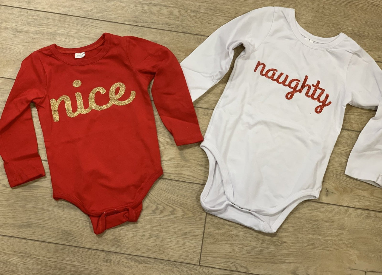 Naughty or Nice Long Sleeve Infant Onesie | HONEYPIEKIDS 