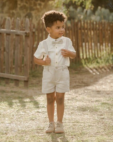 NoraLee Boys Suspender Shorts In Linen Color | HONEYPIEKIDS.COM