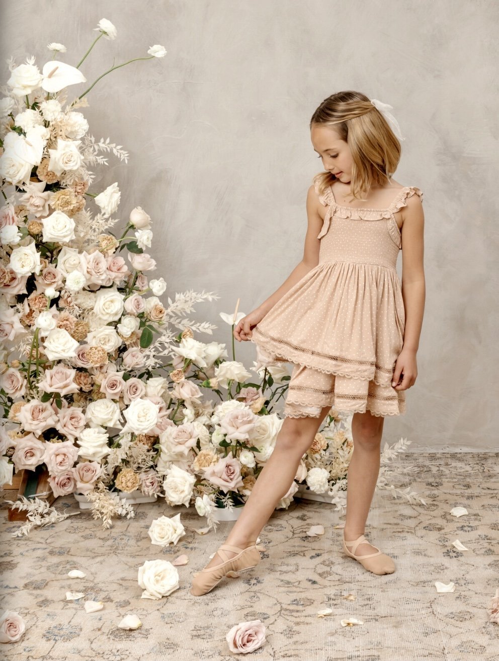 NoraLee Girls Birdie Dress In Apricot Dot | HONEYPIEKIDS 
