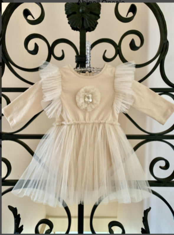 Ooh La La Couture Baby Girls Cream Abigail Long Sleeve Onesie Dress | HONEYPIEKIDS | Kids Boutique