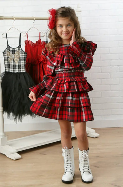 Ooh! La, La! Couture Baby to Youth Girls QUINN Ruby Plaid Ruffle Dress | HONEYPIEKIDS | Kids Boutique Clothing