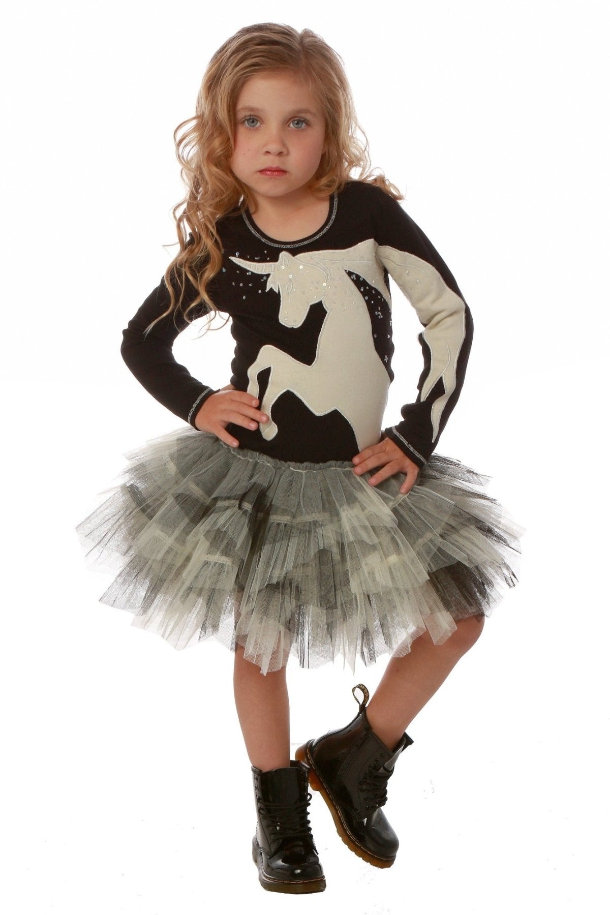 Ooh La La Couture Black Long Sleeve Unicorn Dress | HONEYPIEKIDS 