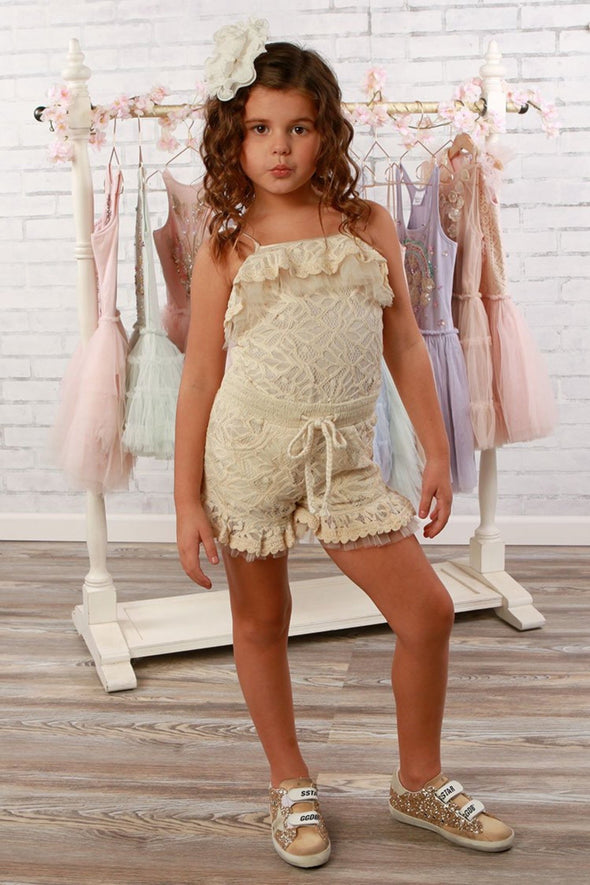 Ooh La La Couture Girls Vanilla Lace Shorts Romper | HONEYPIEKIDS | Kids Boutique Clothing