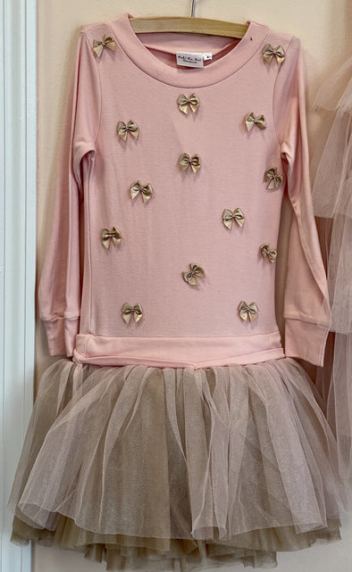 Ooh La La Couture Pink and Champagne Little Bows Long Sleeve Dress | HONEYPIEKIDS | Kids Boutique Clothing