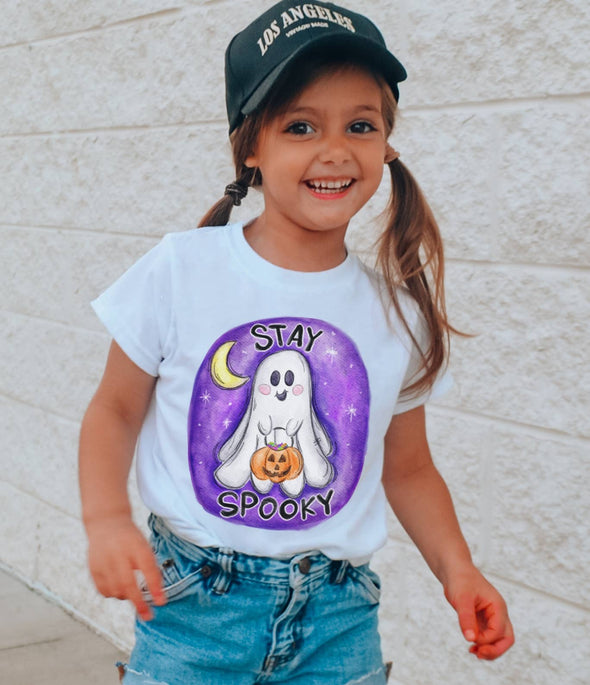 HONEYPIEKIDS | Watercolor Stay Spooky Ghost Girls Halloween Shirt
