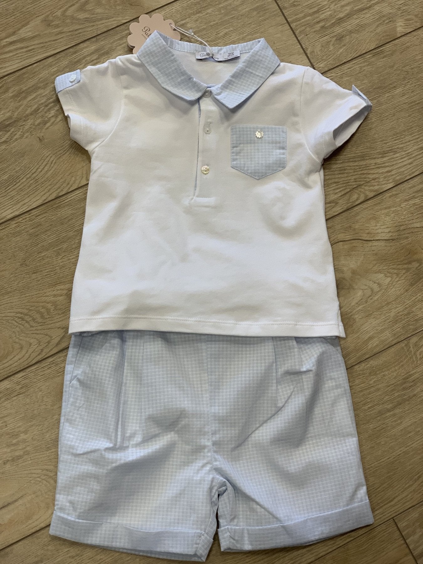 Patachou Baby Boys Collared Shirt and Shorts Set in Sky Blue Check Pattern | HONEYPIEKIDS 