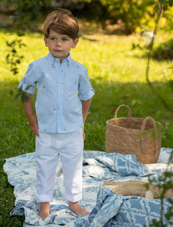 Patachou Baby to Youth Boys Blue Stripe Boat Button Shirt | HONEYPIEKIDS | Kids Boutique Clothing