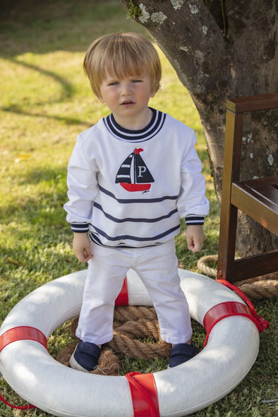 Patachou Baby & Toddler Boys White and Navy Sailboat Sweater | HONEYPIEKIDS | Kids Boutique Clothing