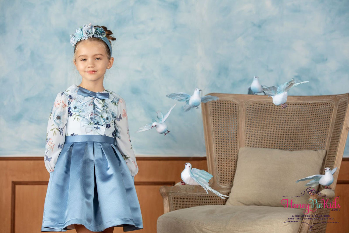 Patachou Girls Blue Flowers and Butterflies Dress