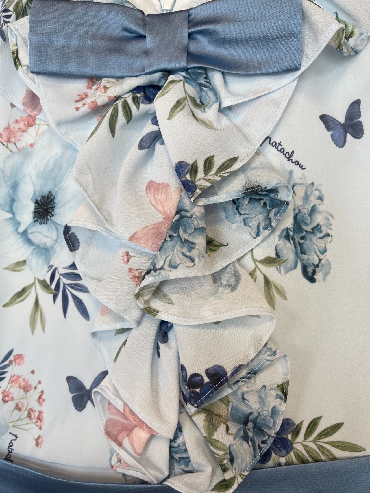 Patachou Girls Blue Satin Chiffon Flowers and Butterflies Holiday Dress | HONEYPIEKIDS 