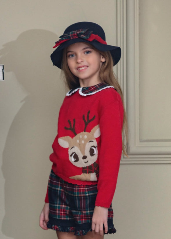 Patachou Girls Navy and Red Tartan Bow Wool Rimmed Hat | HONEYPIEKIDS | Kids Boutique Clothing