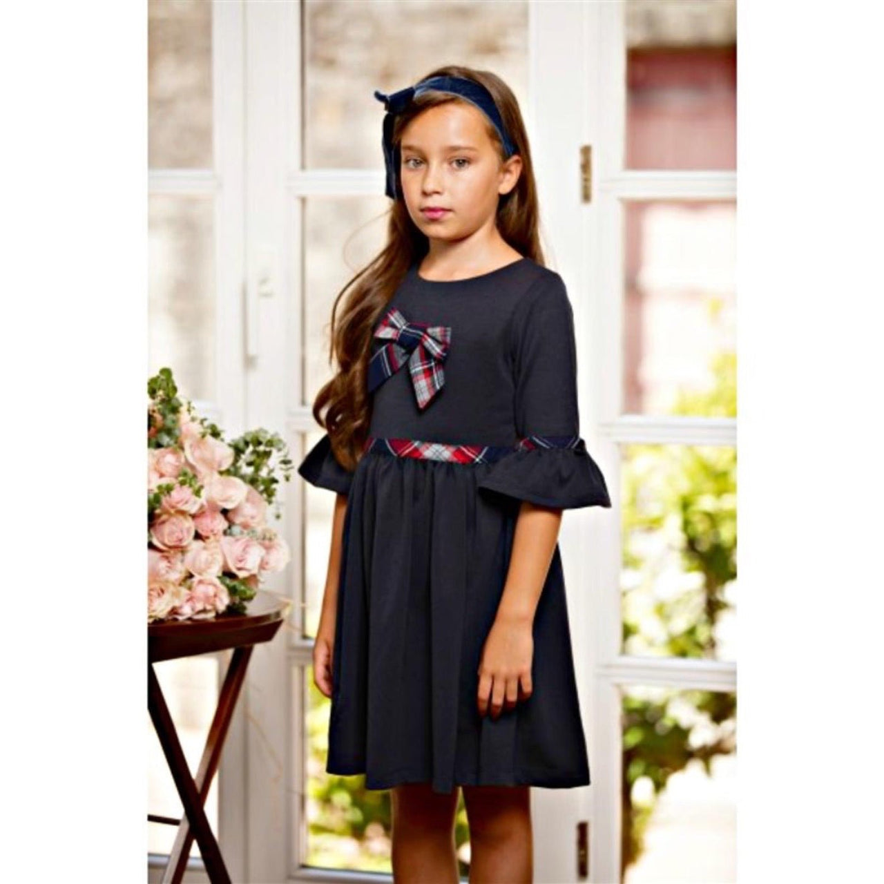 Patachou Girls Navy & Tartan Bow Dress | HONEYPIEKIDS 
