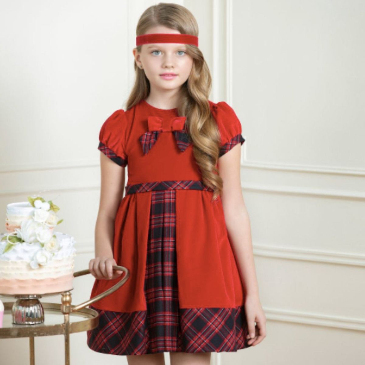 patachou red velvet dress Patachou Girls Red Velvet Tartan Dress