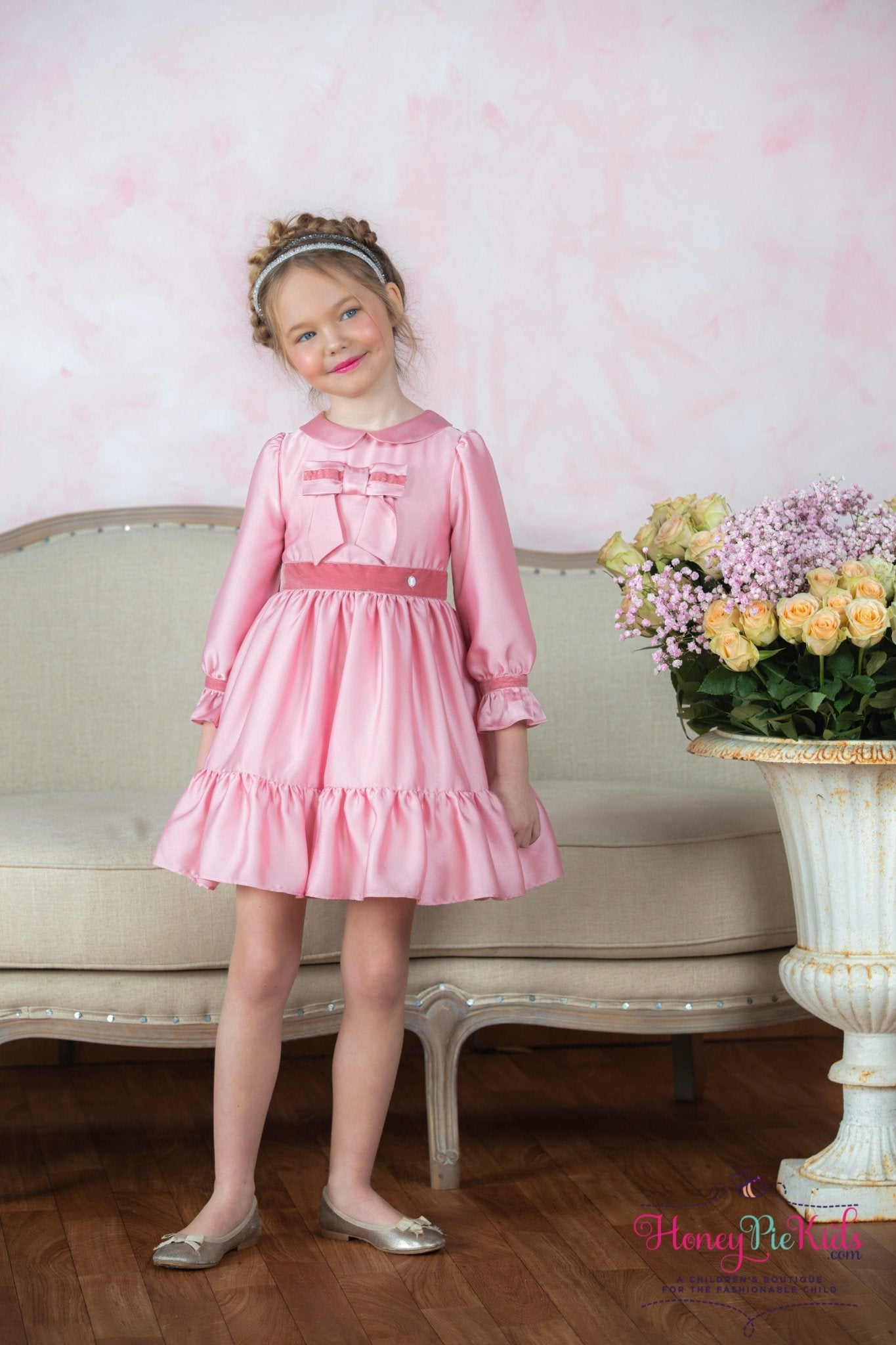Patachou Girls Georgette Pink Satin & Velvet Bow Dress | HONEYPIEKIDS 5 Patachou Girls Georgette Pink Satin & Velvet Bow Dress | HONEYPIEKIDS 5