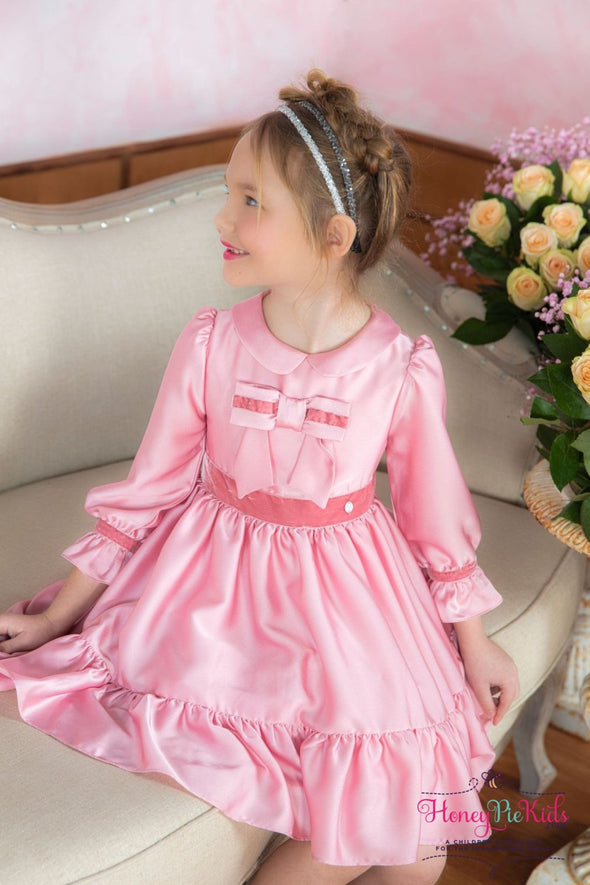 Patachou Girls Georgette Pink Satin & Velvet Bow Dress | HONEYPIEKIDS | Kids Boutique Clothing