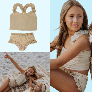 Piccoli Principi Girls Arianna Gold Glitter 2 Piece Swimsuit | HONEYPIEKIDS.COM