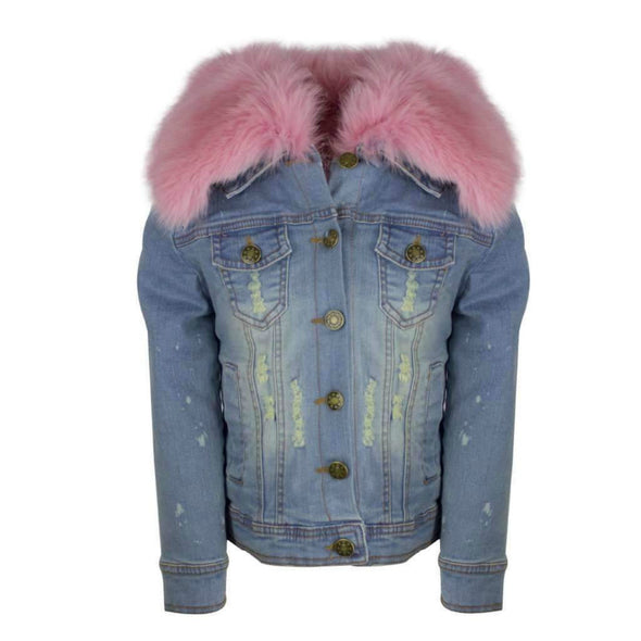 Lola and The Boys Girls Distressed Denim Fur Jacket - in 2 color choices | HONEYPIEKIDS 
