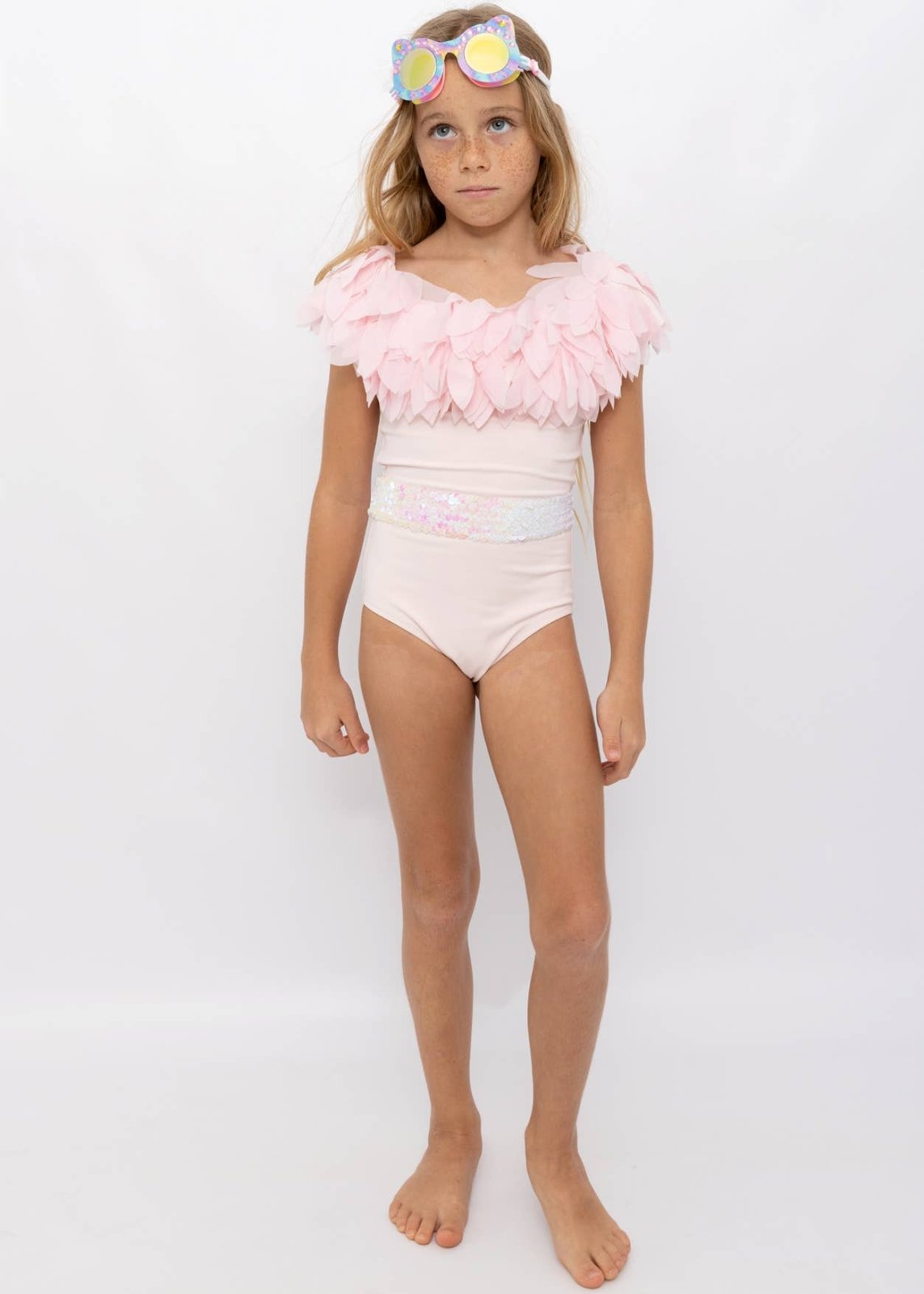 Pink Petal and Sequin Belt Girls Swimsuit | HONEYPIEKIDS 