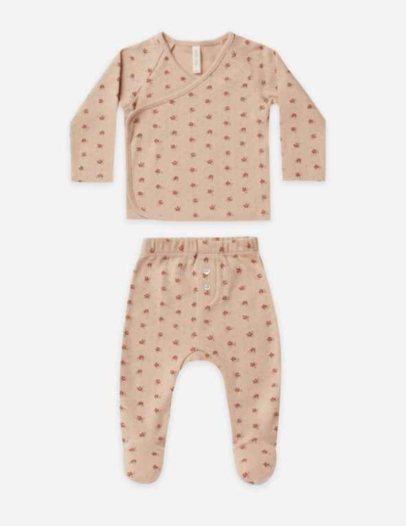 Quincy Mae Baby Girls Organic BLUSH DITSY Pointelle Wrap Top & Footed Pants Set | HONEYPIEKIDS | Kids Boutique Clothing