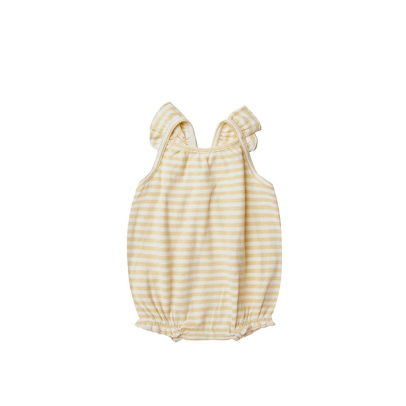 Quincy Mae Baby Ribbed Ruffle Yellow Striped Romper | HONEYPIEKIDS | Organic Baby Clothing