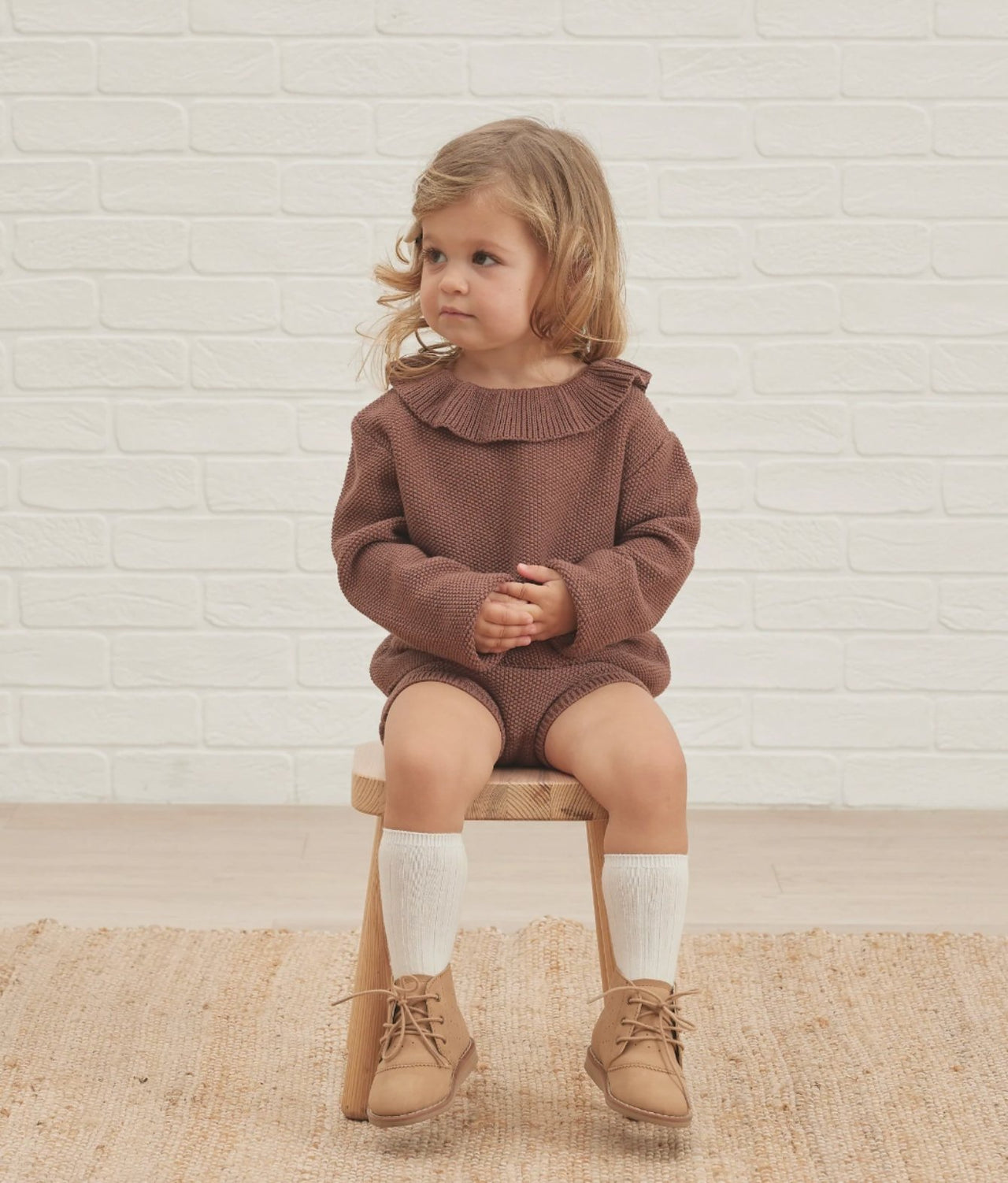 Quincy Mae Baby & Toddler Girls Organic Ruffle Collar Knit Pecan Sweater | HONEYPIEKIDS 