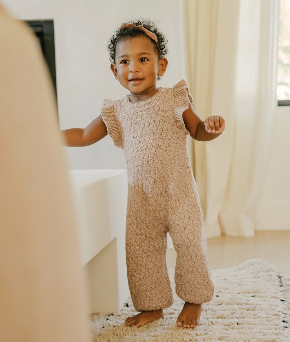 Quincy Mae Baby & Toddler Mira Heathered Apricot Knit Romper | HONEYPIEKIDS 