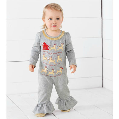 Mudpie Baby Gray Jingle Bells Reindeer Sleigh One Piece Outfit | HONEYPIEKIDS | Kids Boutique Clothing