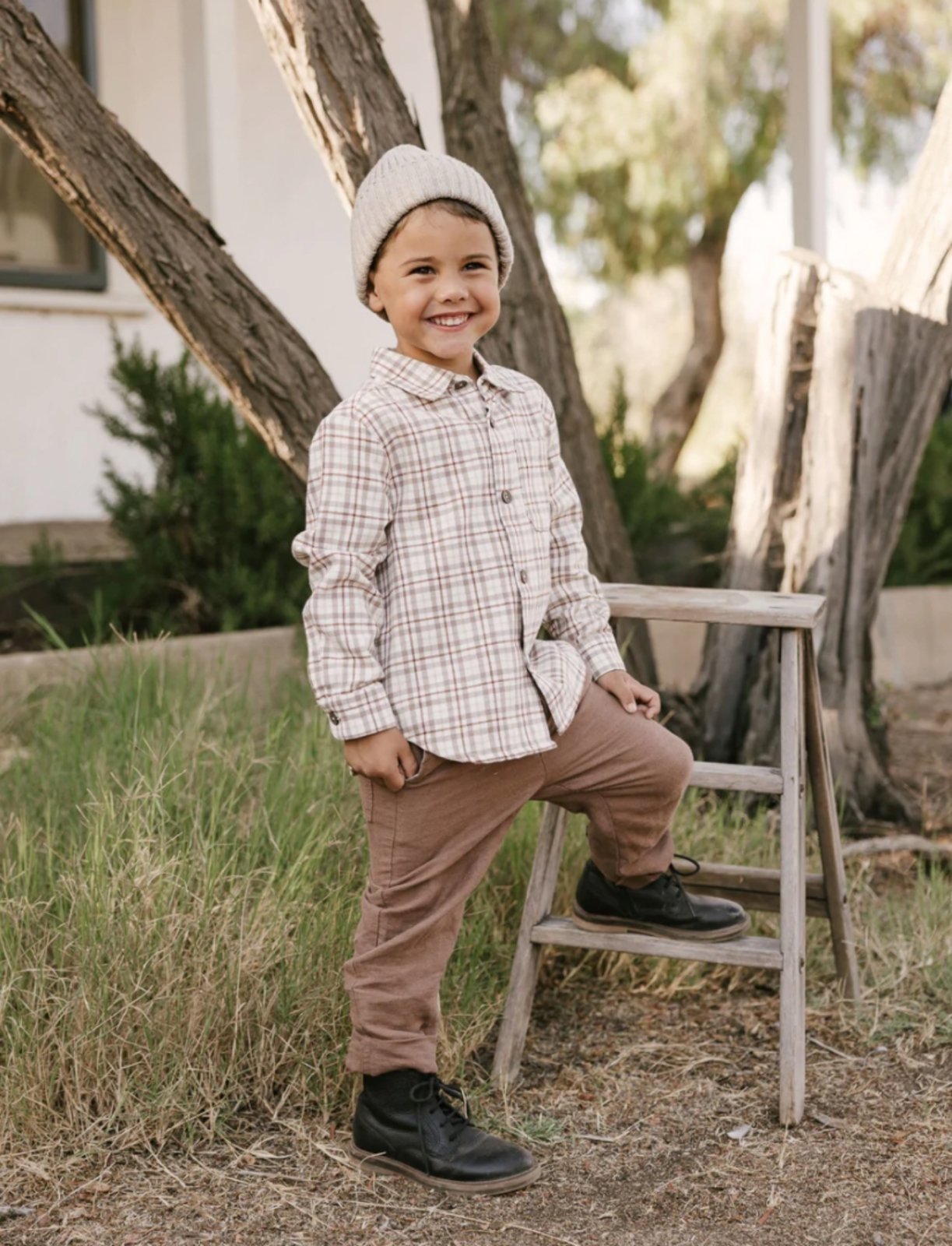 Rylee + Cru Boys L/S Mocha Plaid Collared Shirt | HONEYPIEKIDS 