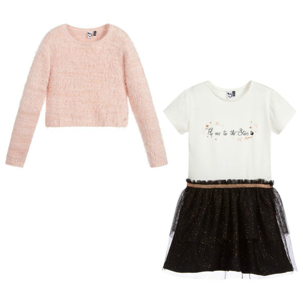 3Pommes Girls Pink Sweater & Black Tulle Dress Set | HONEYPIEKIDS | Kids Boutique Clothing