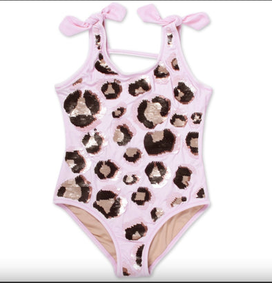 Shade Critters Girls One Shoulder Pink Swimsuit - Sequins - Coco Palm Tree main image 1