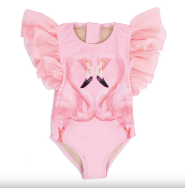 Shade Critters Pink Flamingo Tulle Shoulder One Piece Swimsuit | HONEYPIEKIDS