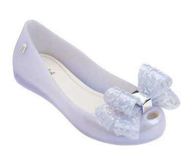 Mini Melissa Ultra Girls Lilac Pearl Speckled Silver Bow Dress Shoes | HONEYPIEKIDS | Kids Shoes