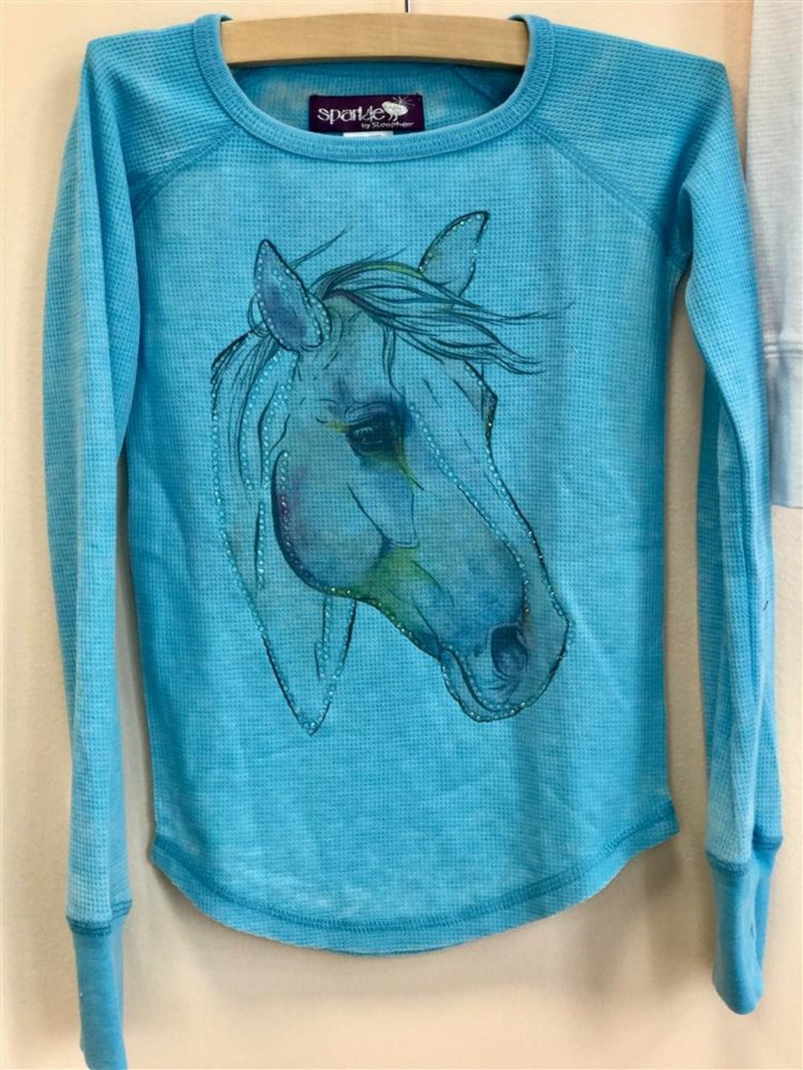 Sparkle By Stoopher Girls Crystal Turquise Horse Thermal Shirt | HONEYPIEKIDS 