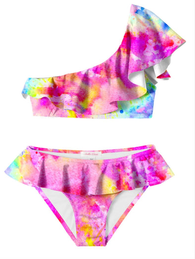 Stella Cove Girls Celebrate Pink One Shoulder Ruffle Bikini Swimsuit | HONEYPIEKIDS | Kids Swimwear