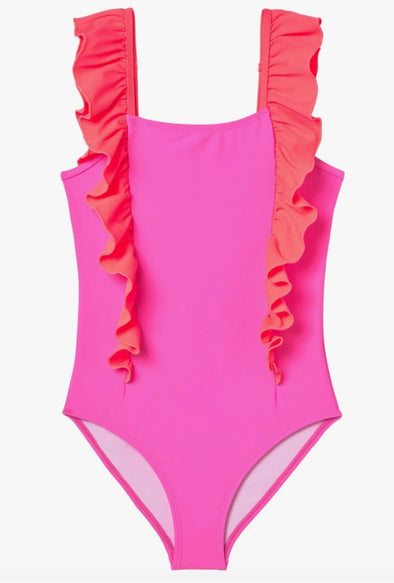 Stella Cove Girls Neon Pink Side Ruffle One Piece Swimsuit | HONEYPIEKIDS | Kids Boutique Clothing