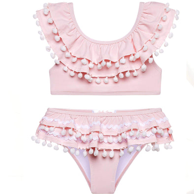 Stella Cove Girls Pink Double Ruffle Bikini With White Pom Poms | HONEYPIEKIDS | 
