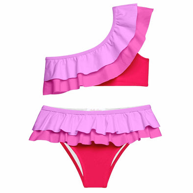 Stella Cove Girls Pink Double Ruffle One Shoulder Bikini | HONEYPIEKIDS | Girls Swimwear