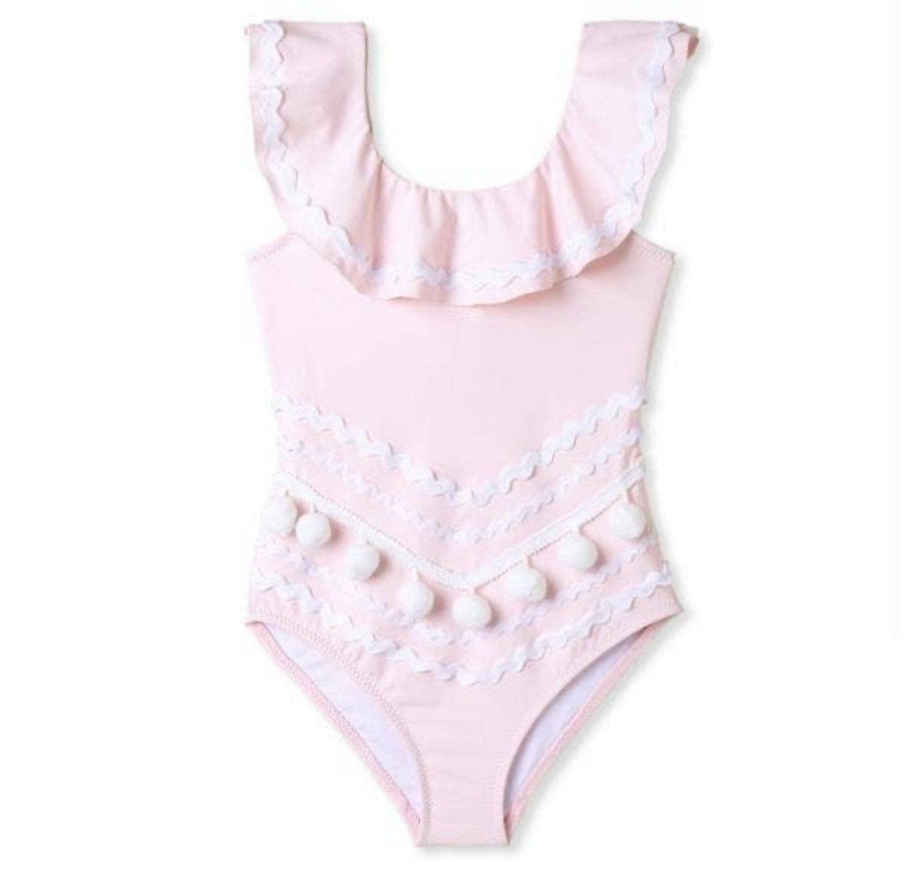 Stella Cove Pink Drape Swimsuit w/ White Ric Rac and Pom Poms | HONEYPIEKIDS 