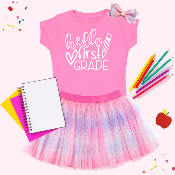 Sweet Wink Girls Pink HELLO FIRST GRADE S/S Shirt | HONEYPIEKIDS.COM | First Day of School Shirts
