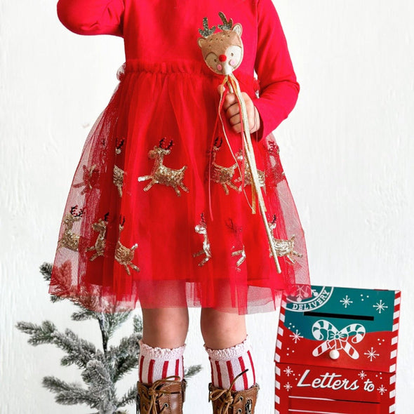 HONEYPIEKIDS | Sweet Wink Girls Red & Gold Long Sleeve Sequin Reindeer Dress