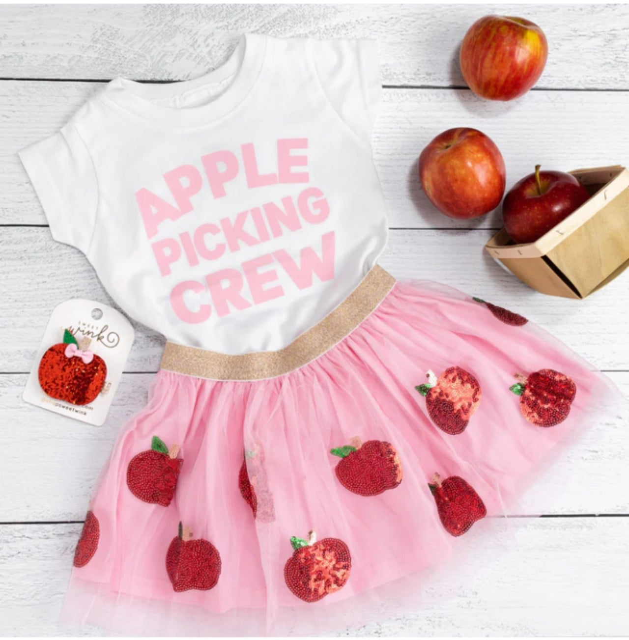 Sweet Wink White and Pink Apple Picking Crew S/S Shirt | HONEYPIEKIDS 