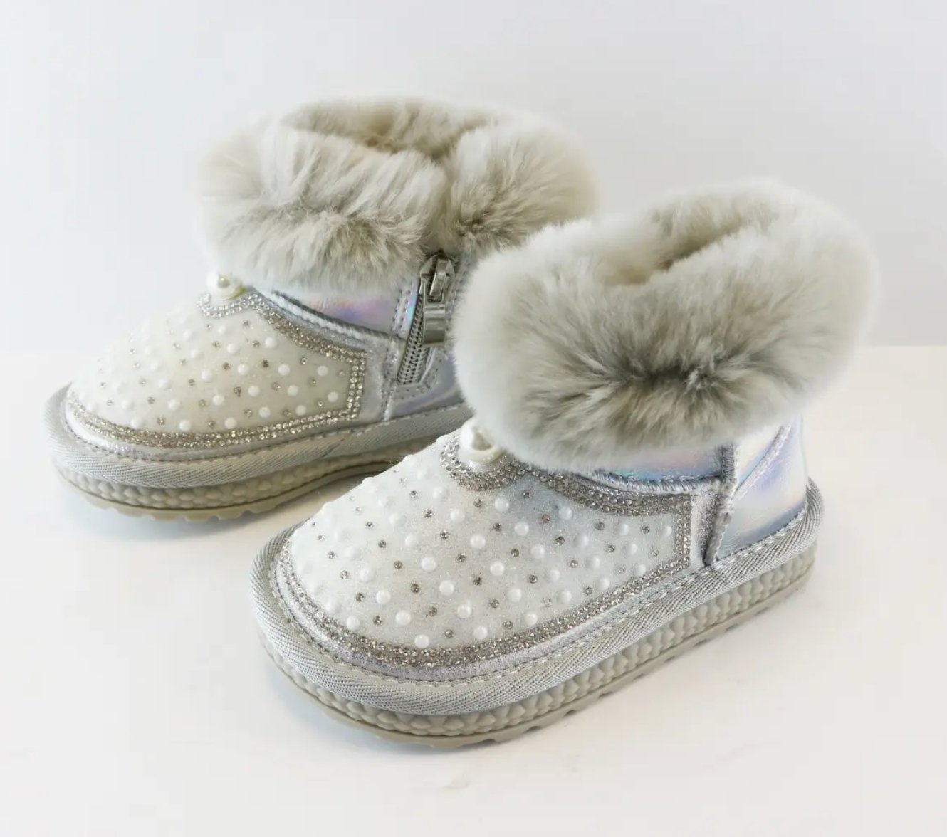 Doe a Dear SILVER Rhinestone & Pearl Furry Toddler Girls Boots | HONEYPIEKIDS 