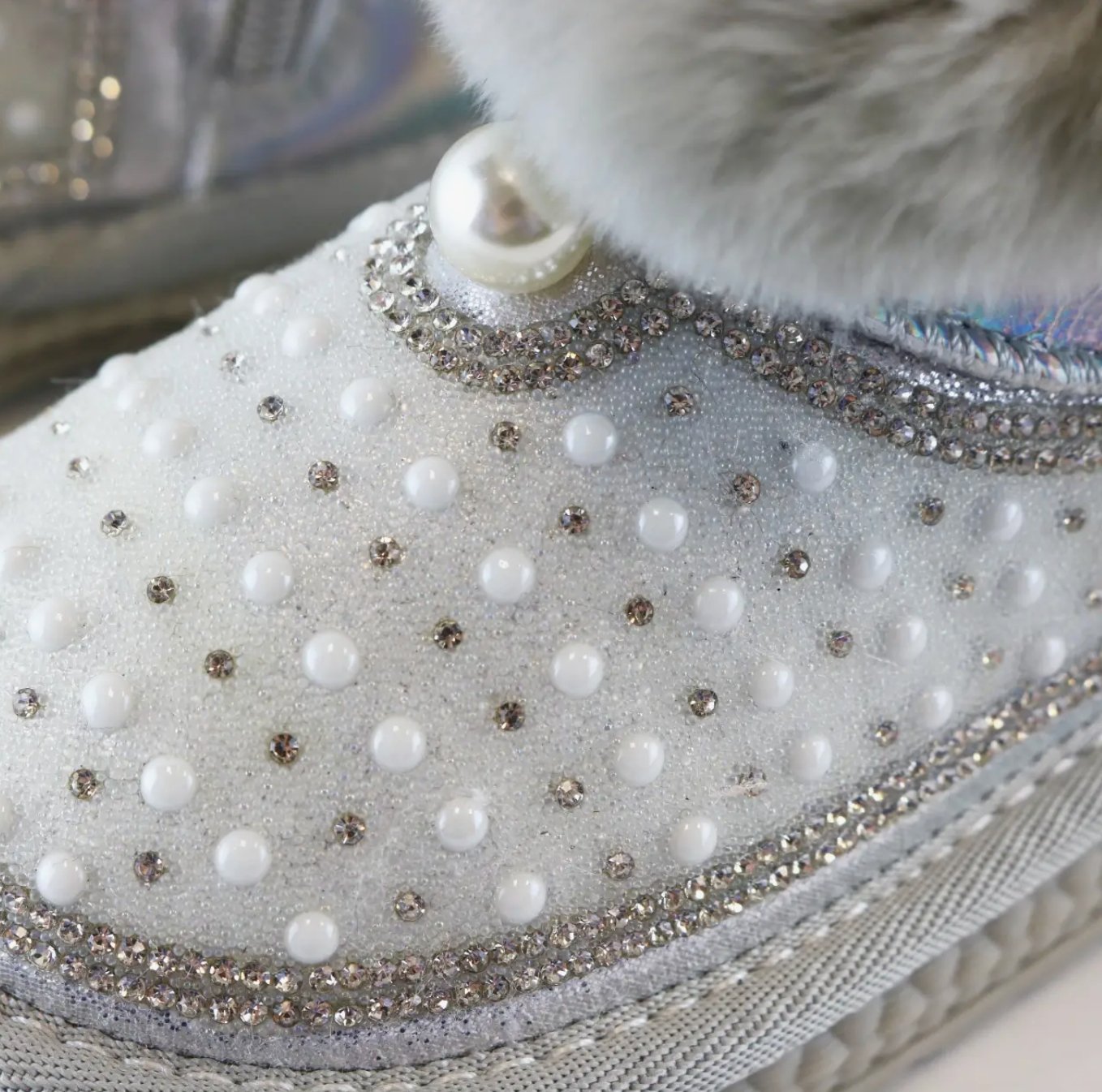 Doe a Dear SILVER Rhinestone & Pearl Furry Toddler Girls Boots | HONEYPIEKIDS 