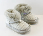 Doe a Dear SILVER Rhinestone & Pearl Furry Toddler Girls Boots | HONEYPIEKIDS 