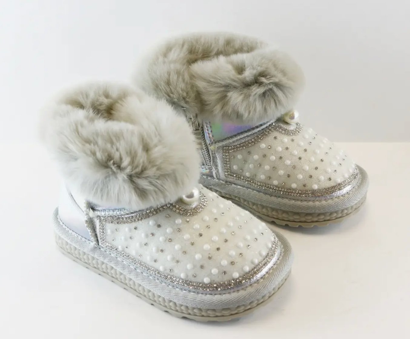 Doe a Dear SILVER Rhinestone & Pearl Furry Toddler Girls Boots | HONEYPIEKIDS 